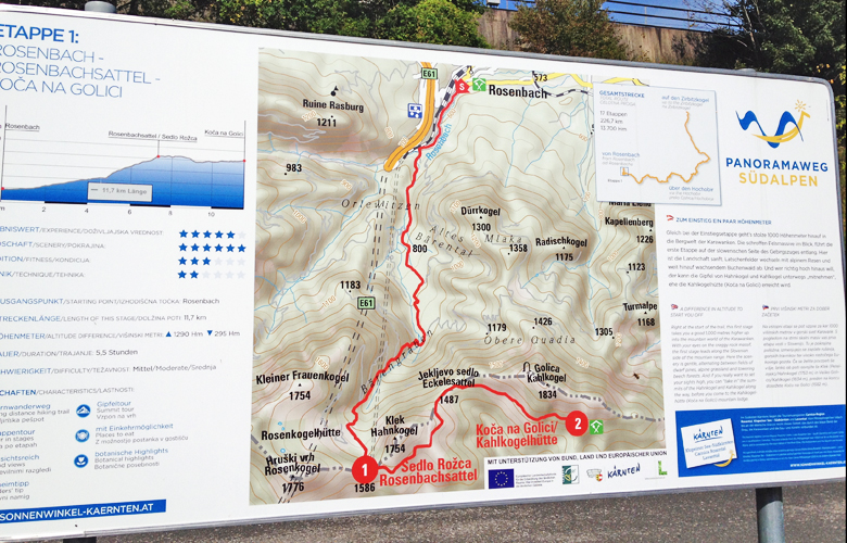 Das Plakat der ersten Etappe am Startpunkt in Rosenbach – Panoramaweg Südalpen