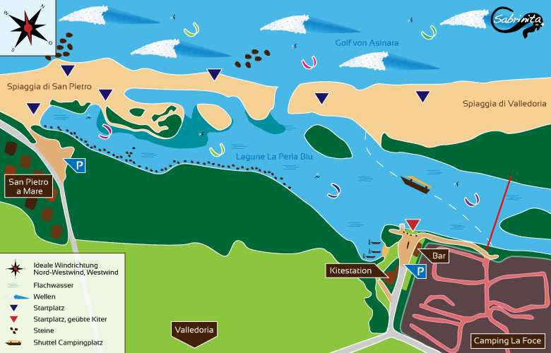 Karte vom Kitespot in Valledoria auf Sardinien, erstellt von grafik.sabrinita.de - Kitesurfen Sardinien
